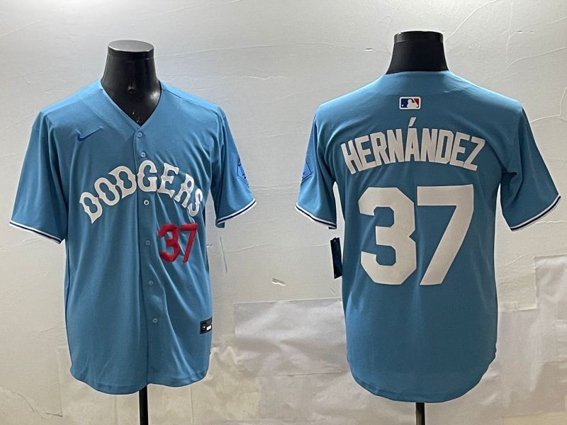 Men Los Angeles Dodgers 37 Hernandez Light Blue Joint Name 2025 Nike MLB Jersey style 23